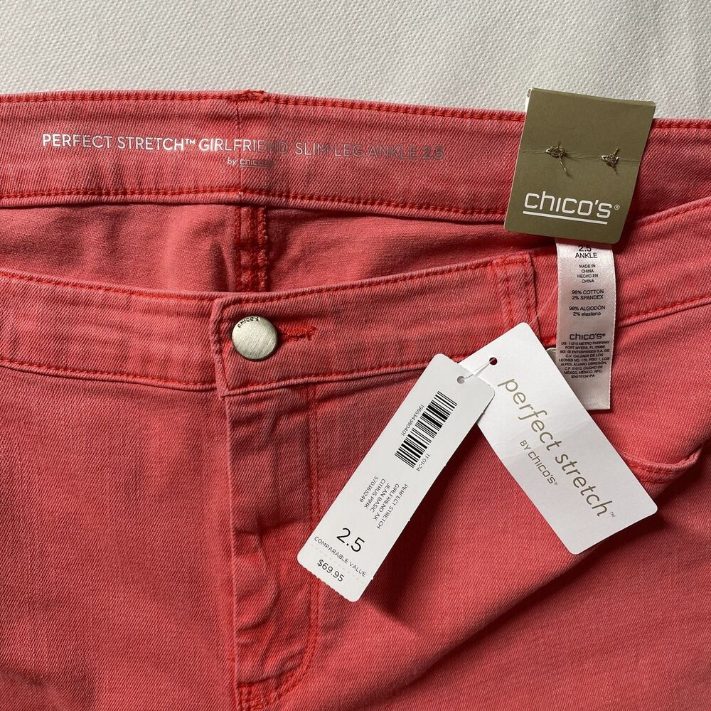 NWT Chico's Girlfriend Slim Ankle Jeans Coral Pink Cotton Blend Size 2.5, US 14 - Picture 7 of 11